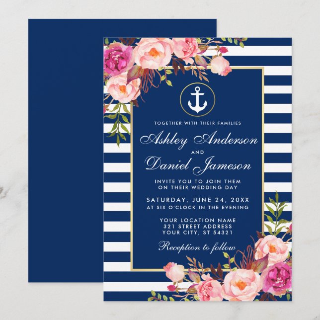 Nautical Bröllop Blue Rand Rosa Blommigt Inbjudan  (Fram/baksida)
