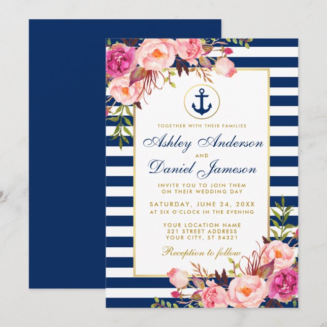 Nautical Bröllop Blue Rand Rosa Blommigt Inbjudan  (Fram/baksida)