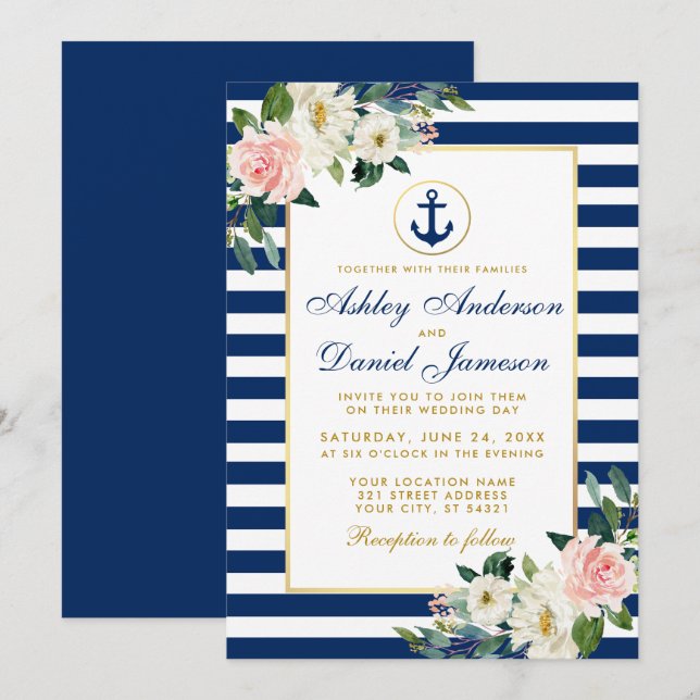 Nautical Bröllop Blue Rand White Rosa Blommigt Inbjudningar (Fram/baksida)