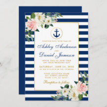 Nautical Bröllop Blue Rand White Rosa Blommigt