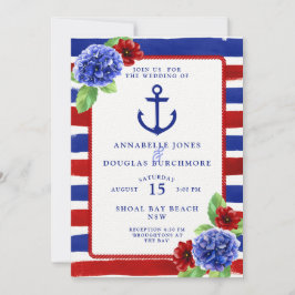 Nautical Bröllop Blue Red Blommigt Watercolor Inbjudningar