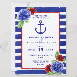 Nautical Bröllop Blue Red Hydrangea Watercolor Inbjudningar