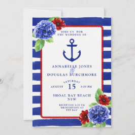 Nautical Bröllop Blue Red Hydrangea Watercolor Inbjudningar