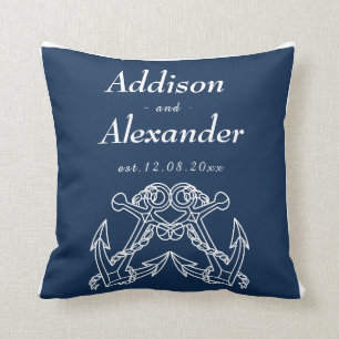 Nautical Bröllop Blue White Anchor Namn Date Thro Kudde