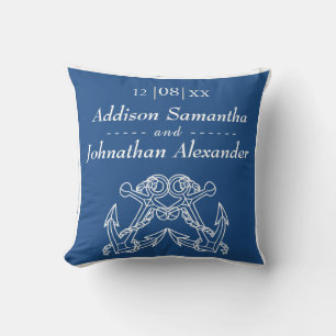 Nautical Bröllop Blue White Anchor Namn Datum Kudde