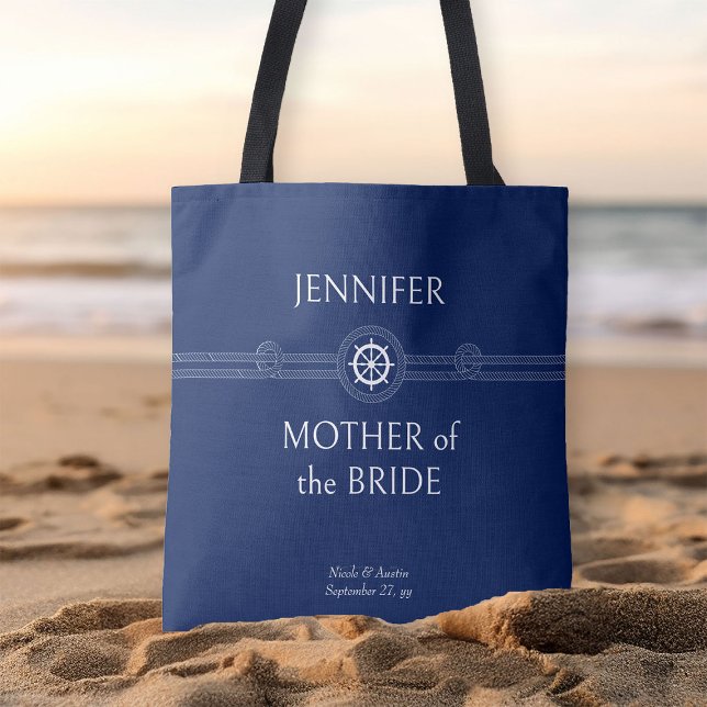 Nautical bröllop brudpartaj mor till bruden tygkasse (Nautical wedding blue tote bag to personalize for anyone in your wedding party)