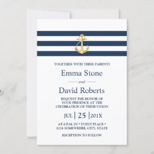 Nautical Bröllop Guld Anchor Navy Rand Inbjudningar