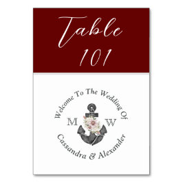 Nautical Bröllop Maroon Red Blommigt Anchor Bordsnummer