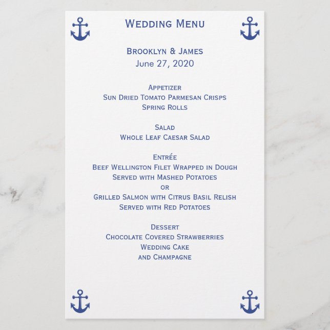 Nautical Bröllop Menu Anpassningsbar Flyer (Framsida)