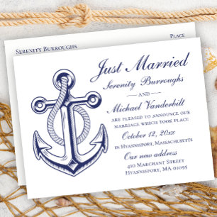 Nautical Bröllop Navy Blue Anchor Ny gifta Meddelande Vykort