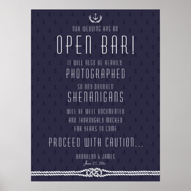 Nautical Bröllop Open Pub Sign 18x24 Blue Anchors Poster (Framsidan)