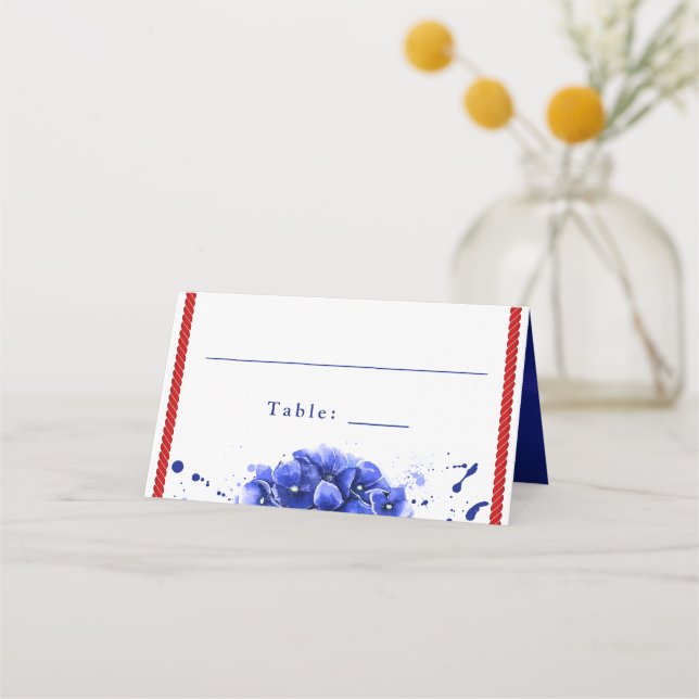 Nautical Bröllop Red Blue Hydrangea Paint Drift Placeringskort (Framsida)
