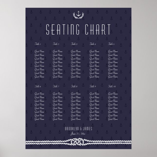 Nautical Bröllop Seating Chart 18x24 Blue Anchors Poster (Framsidan)