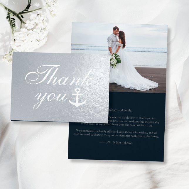 Nautical Bröllop Tack Silver Real Folierat Kort (Nautical Wedding Thank You Silver Real Foil Card
)