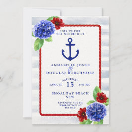 Nautical Bröllop White Red Blue Blommigt Watercolo Inbjudningar