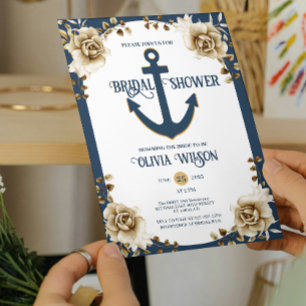 Nautical bröllopsdusch ankare blå guld blommig inbjudningar