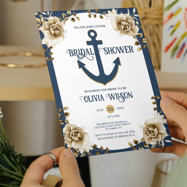 Nautical bröllopsdusch ankare blå guld blommig  inbjudningar (nautical bridal shower anchor navy blue Gold seaside bridal showers, yacht parties,  bride to be)