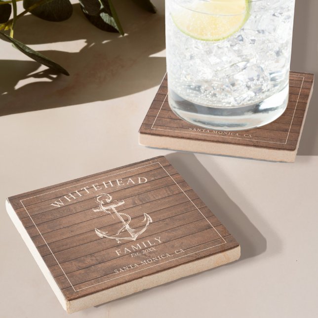 Nautical Brown Wood Anchor Family Stenunderlägg (Elevate your dining experience with our Stone Coaster with Rustic Wood Design Anchor)
