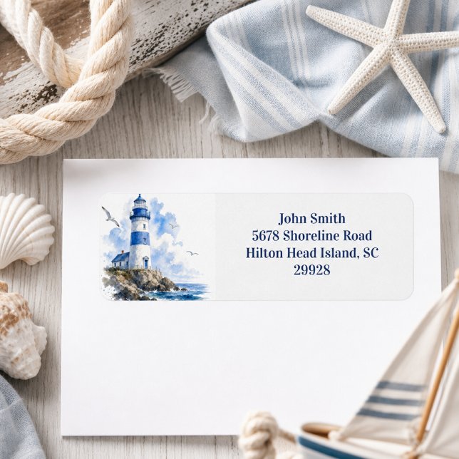 Nautical By the Sea Lighthouse Returadress  Etikett (This mockup is a digital representation created using generative AI tools to showcase the design)