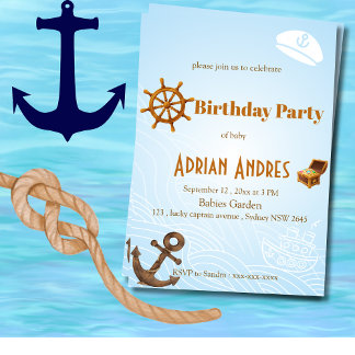 Nautical Captain Baby Boy First Birthday Invitatio Inbjudningar