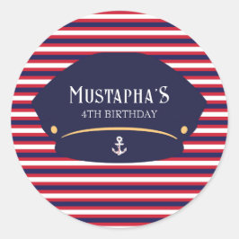 Nautical Captain Birthday Red & Navy Stripes Runt Klistermärke