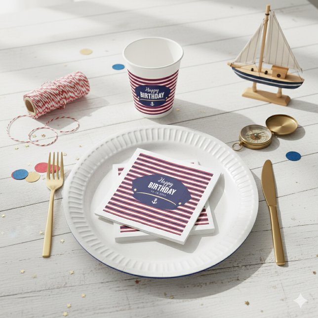 Nautical Captain Hat Birthday Navy & Red Stripes K Pappersservett (Skapare uppladdad)