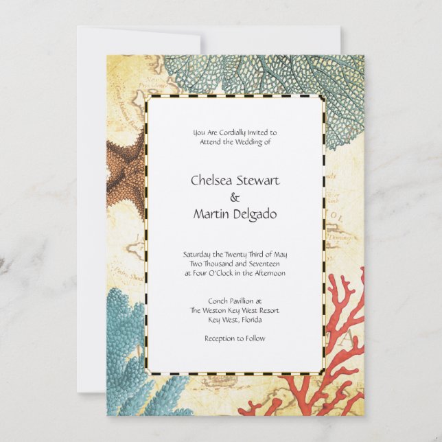 Nautical Caribbean Starfish Rustic Karta och Coral Inbjudningar (Framsida)