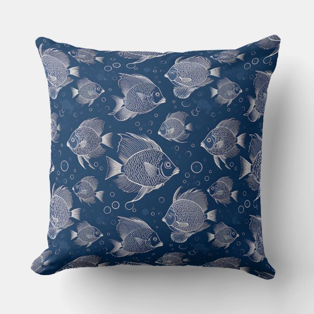 Nautical Charm Navy Blue med White Fish Kudde (Framsida)