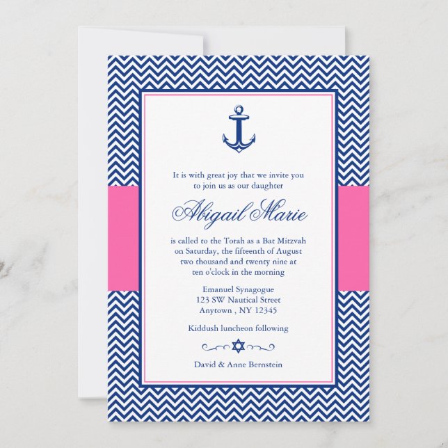 Nautical Chevron Anchor Blue Rosa Bat mitzvah Inbjudningar (Framsida)