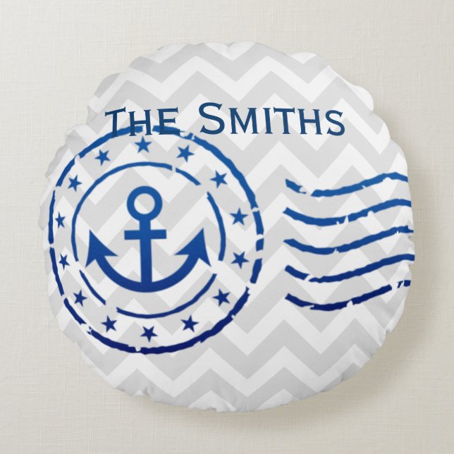 Nautical Chevron & Anchor Seal Rund Kudde (Framsidan)