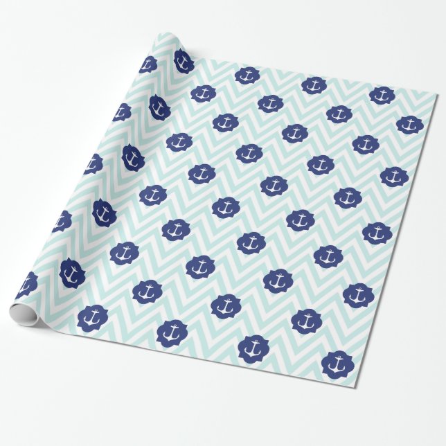 Nautical Chevron Navy Blue Anchors Mönster Presentpapper (Utrullad)