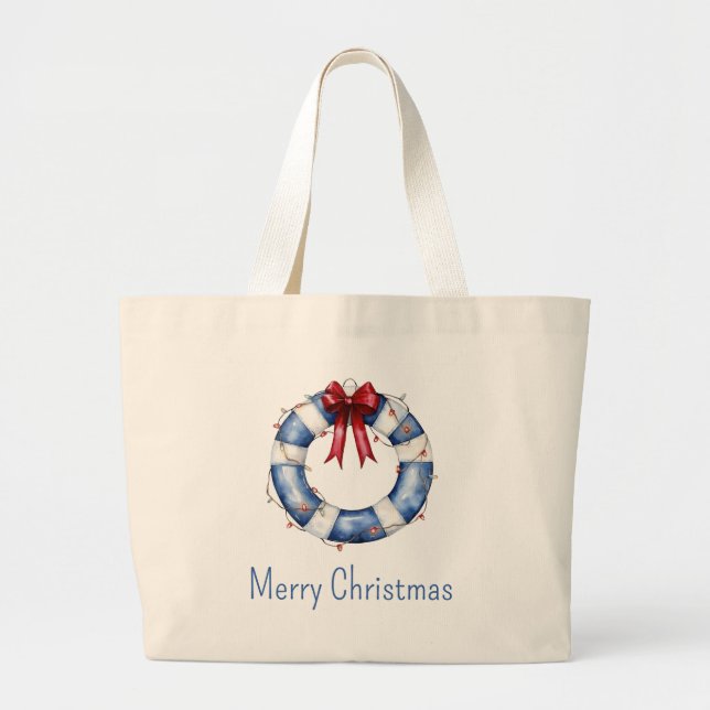 Nautical Christmas Life Preserver With Bow Jumbo Tygkasse (Framsidan)