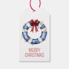 Nautical Christmas Life Preserver With Bow Presentetikett