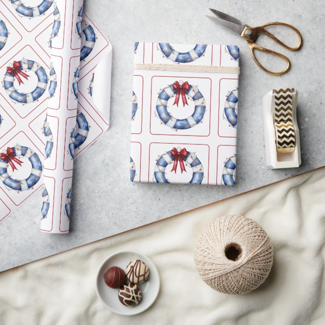 Nautical Christmas Life Preserver With Bow Presentpapper (Hantverk)