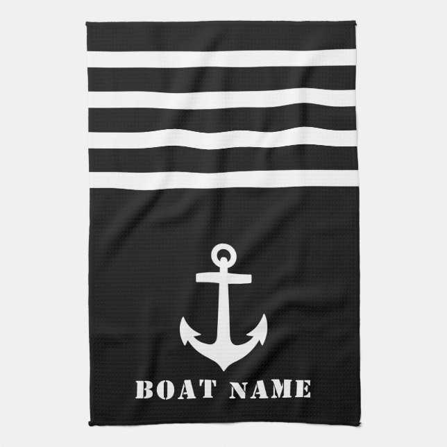 Nautical Classic Anchor Your Boat Namn Black White Kökshandduk (Vertikal)