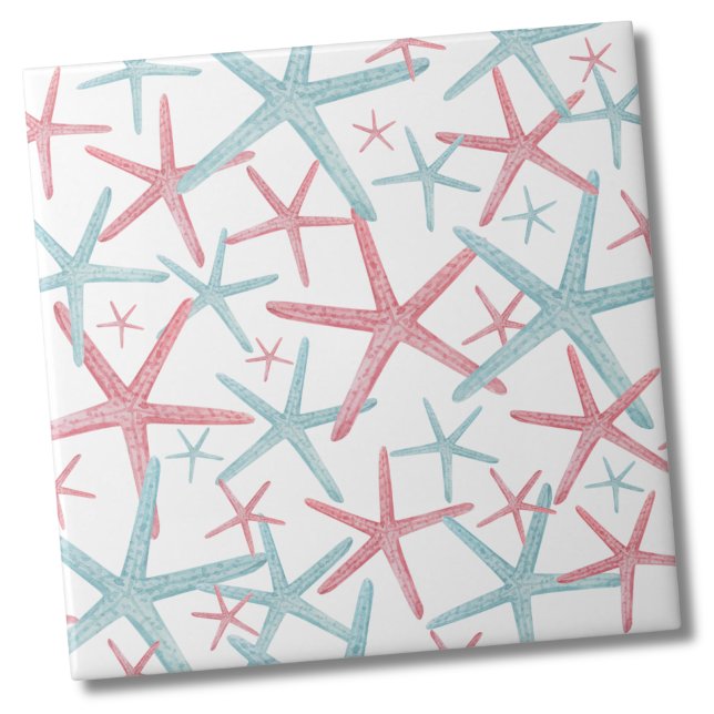 Nautical Coastal Beach Mönster Kakelplatta (Teal Pink Nautical Starfish Shell Beach Pattern Ceramic Tile)