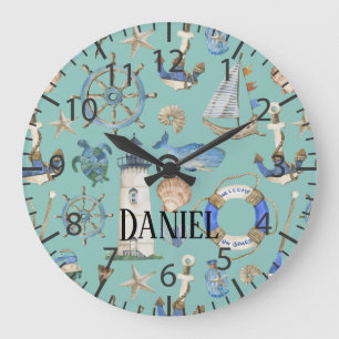 Nautical Coastal Sea Beach Teal Boy Room Namn Stor Klocka