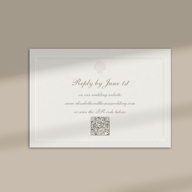 Nautical Coastal Shell Modern Classic QR Wedding OSA Kort (modern classic wedding rsvp card QR code frame ecru script calligraphy formal traditional elegant)
