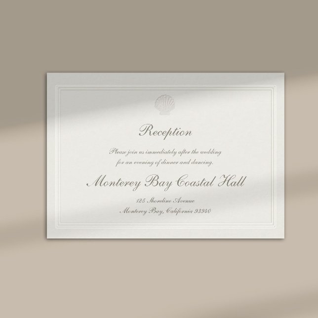 Nautical Coastal Shell Modern Classic Wedding Tilläggskort (modern classic wedding reception details card frame ecru script calligraphy formal traditional )