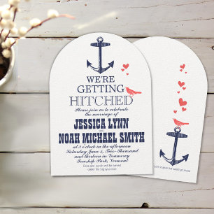 Nautical Coral och Navy Anchor Love Bird Bröllop Inbjudningar