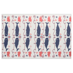 Nautical Coral Orange Navy Whales Ropes and Banner Tyg