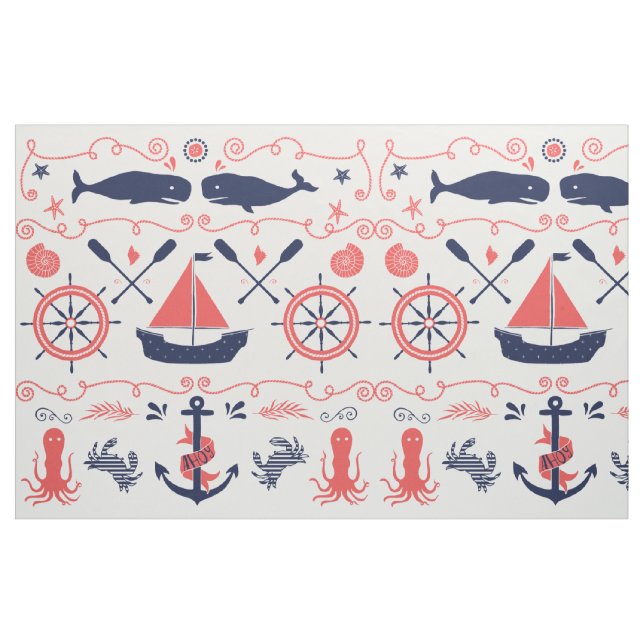 Nautical Coral Orange Navy Whales Ropes and Banner Tyg (Fat Quarter)