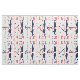 Nautical Coral Orange Navy Whales Ropes and Banner Tyg