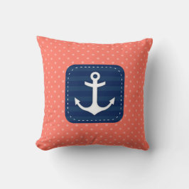Nautical Coral Polka Dot Mönster Navy Blue Anchor Kudde