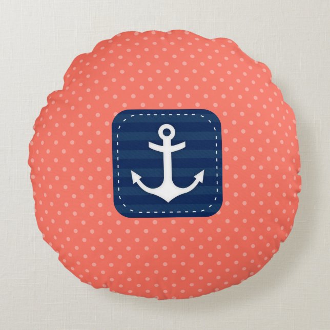 Nautical Coral Polka Dot Mönster Navy Blue Anchor Rund Kudde (Framsidan)
