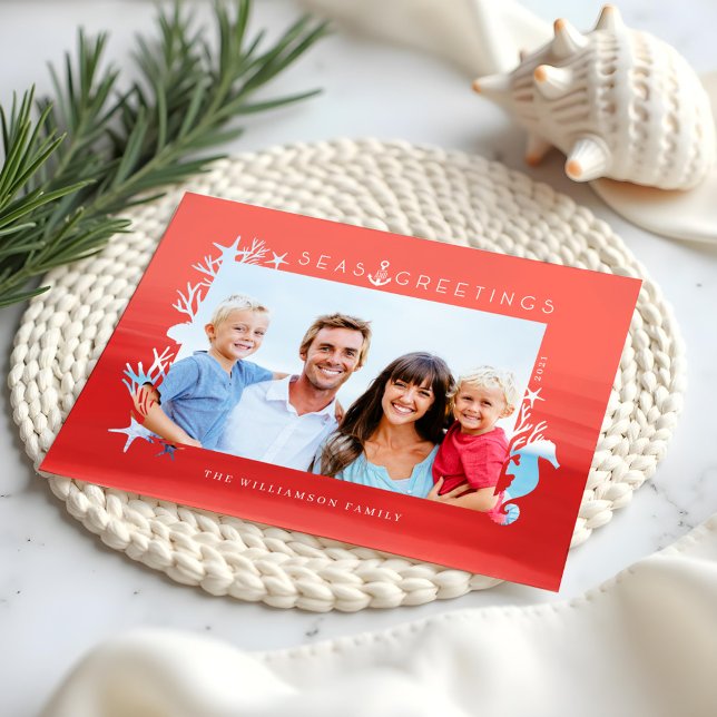 Nautical Coral Seas & Hälsning Ocean Photo Ram Julkort (Nautical Coral Seas & Greetings Ocean Photo Frame Holiday Card)
