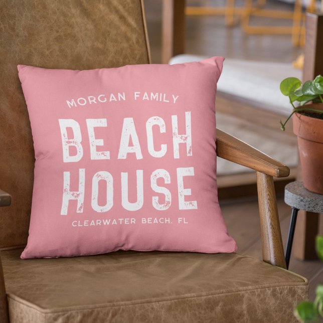 Nautical Coral & White Beach House Family Namn Kudde (Skapare uppladdad)