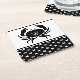 Nautical Crab Monogrammed Black and White Underlägg Papper Kvadrat