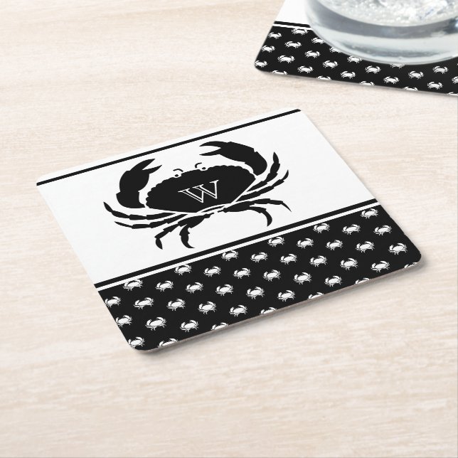 Nautical Crab Monogrammed Black and White Underlägg Papper Kvadrat (Vinklad)