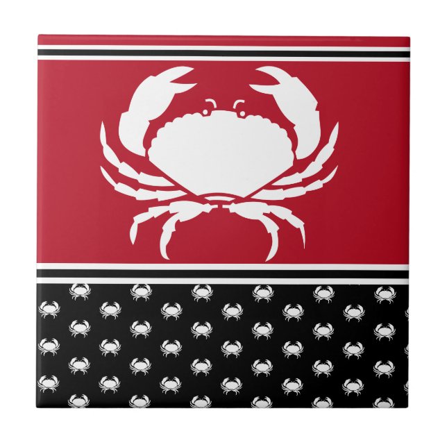 Nautical Crab Monogrammed Red Black White Cerami Kakelplatta (Framsidan)